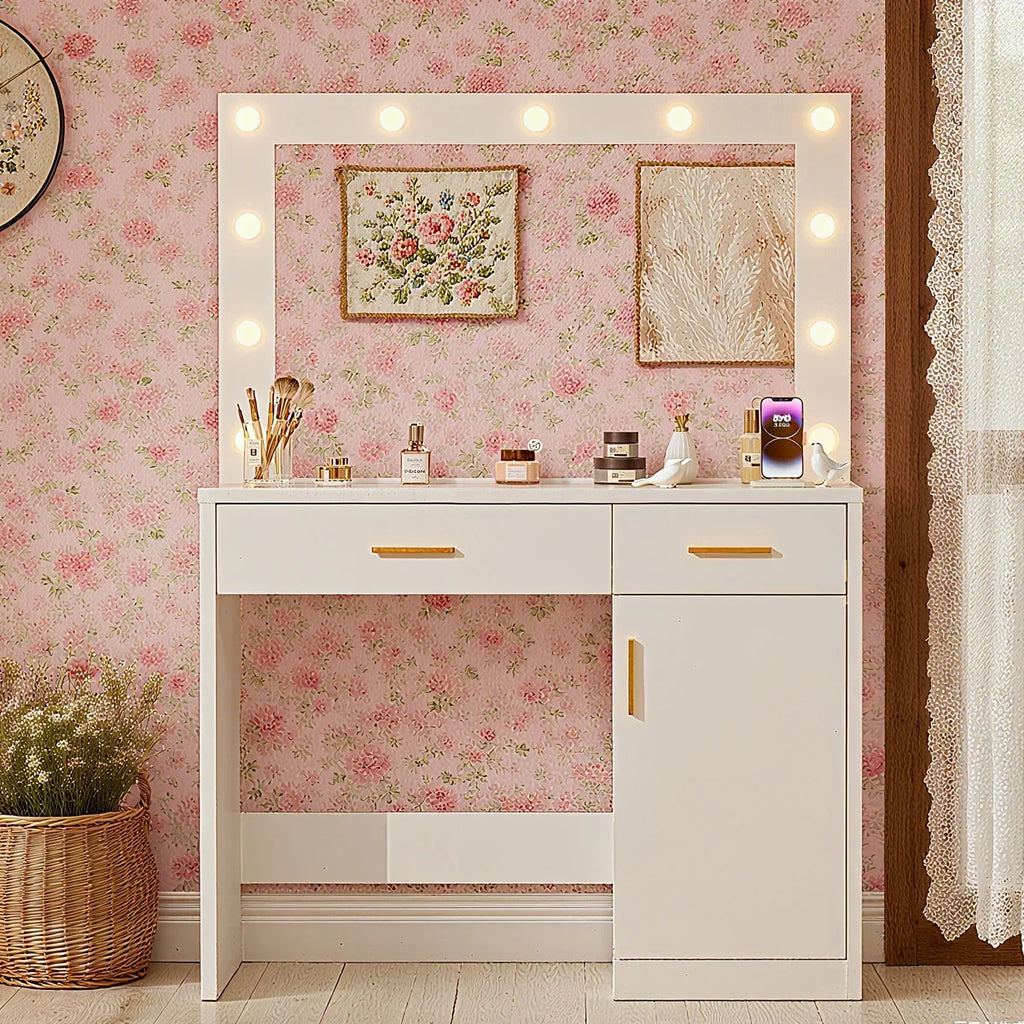 Blorly White Vanity Desk with Mirror, Makeup Vanity Table with LED Lights and Power Outlet, 3 Drawer, 4 Shelves, 1 Cabinet
