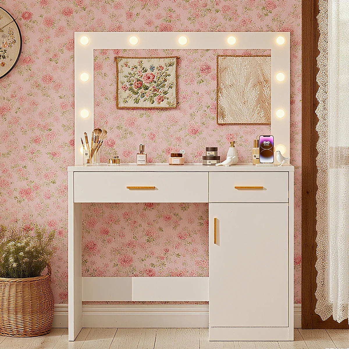 Blorly White Vanity Desk with Mirror, Makeup Vanity Table with LED Lights and Power Outlet, 3 Drawer, 4 Shelves, 1 Cabinet