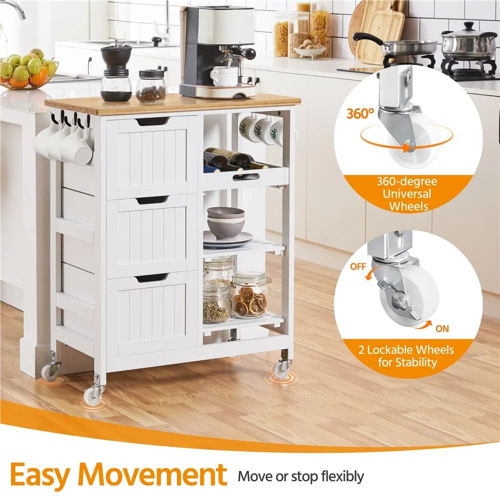 Alden Design 33" H Kitchen Storage Serving Cart for Kitchen Dining Room Bar, White