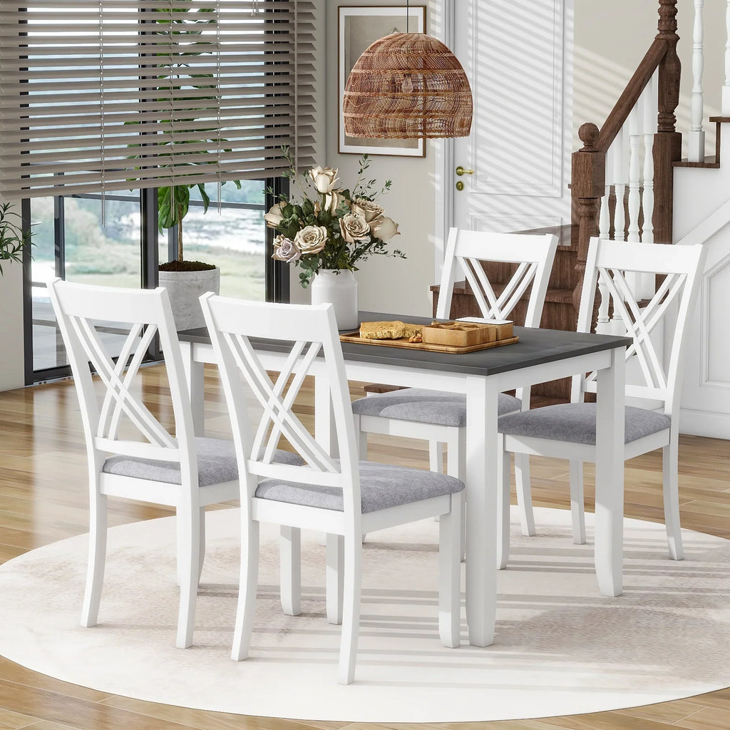 Seizeen Solid Wood Kitchen Table and Chairs, Dining Room Table Set for 4 with Gray Upholstered Chairs, Wood Grain Table Heavy-Duty Frame, Rustic Minimalist Style Breakfast Nook Set