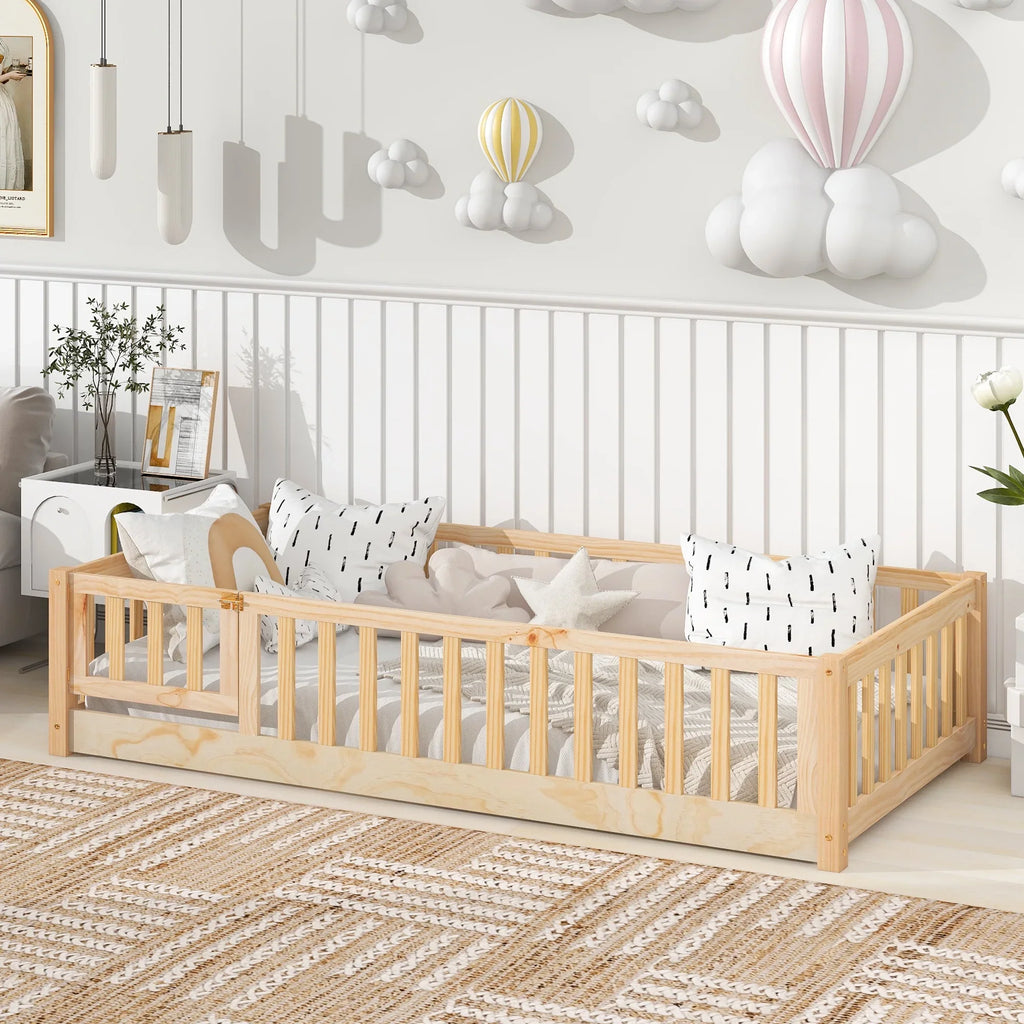 PAPROOS Twin Size Floor Bed, Solid Wood Toddler Bed with Slat, Fence Guardrail and Door, No Box Spring Needed, Montessori Bed, Twin Bed for Kids, Boys, Girls, Gray