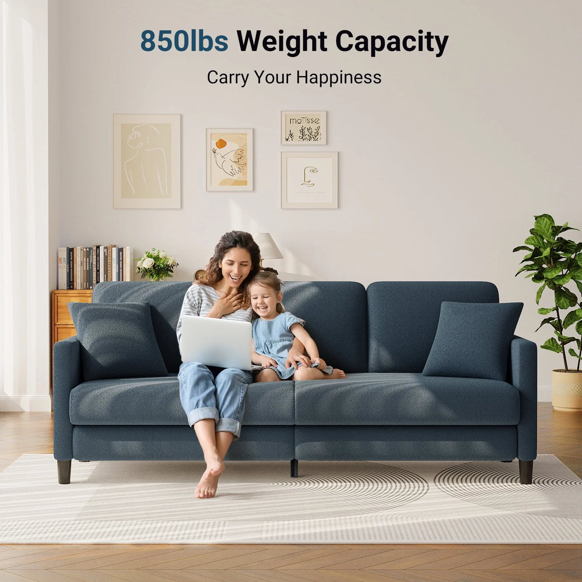 83" Comfortable Upholstered Sofa, 3 Seater Couch for Living Room, Neche Big Loveseat with Extra Deep Seats, 2 Pillows, Beige White