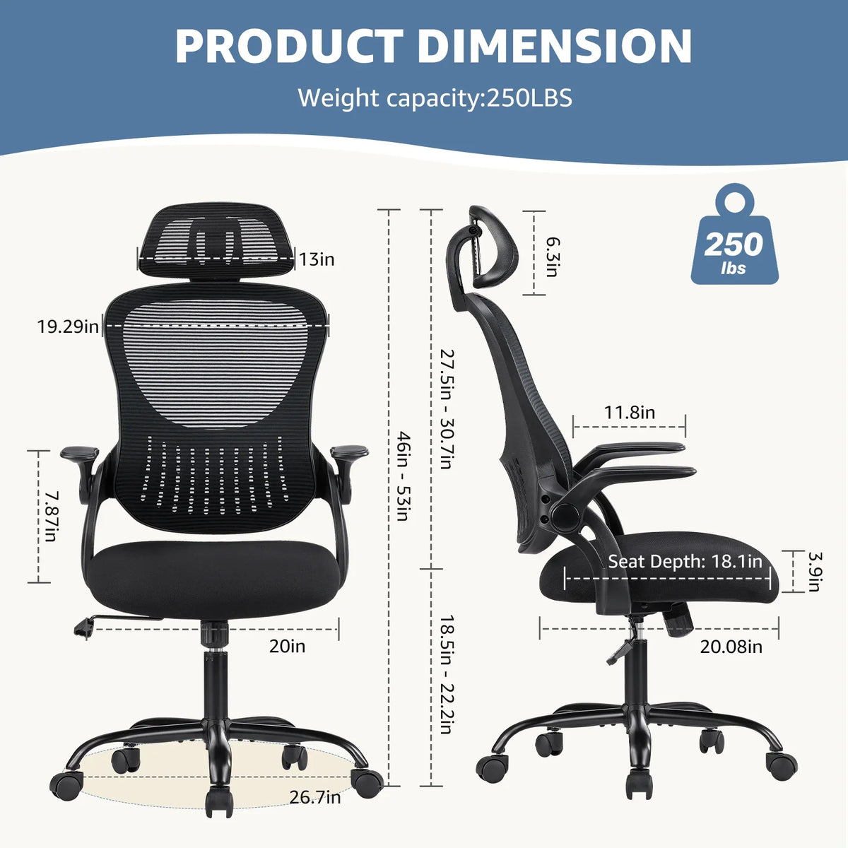 Dovelina Ergonomic Office Chair with Headrest, Adjustable Task Chair with Flip-Up Armrests