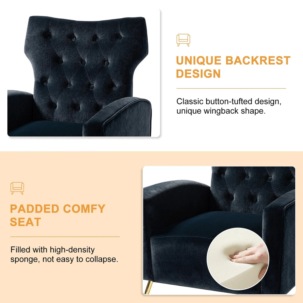 Modern Velvet Accent Chair Upholstered Sofa Armchair Button Tufted Metal Legs Adult Bedroom Home Living Room Grey