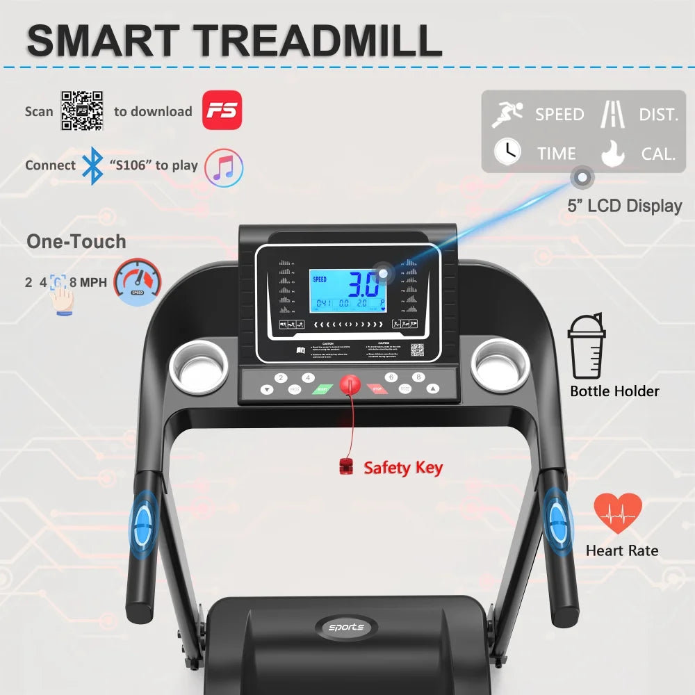 Holaki Home Foldable Treadmill with Incline, Folding Treadmill for Home Workout, Electric Walking Running Treadmill Machine 5" LCD Screen 250 LB Capacity Bluetooth Music