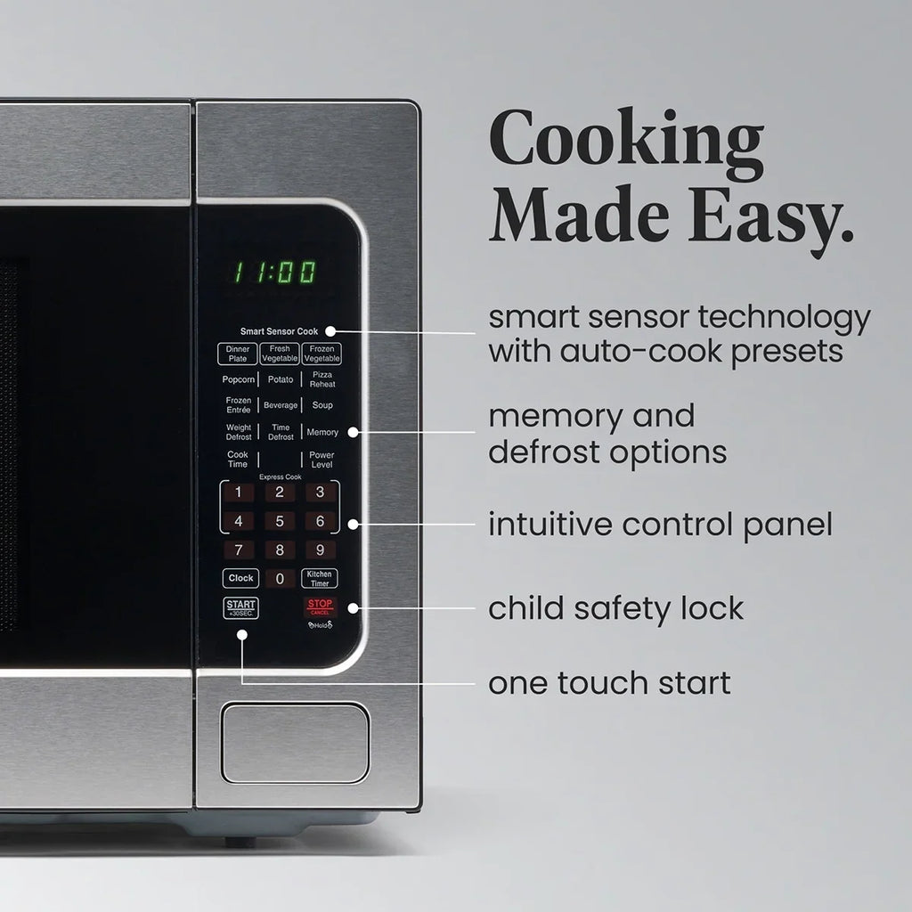 Farberware Countertop Microwave Ov 1100 Watts, 2.2 cu ft - Smart Sensor With LED Lighting and Child Lock - Perfect for Apartments and Dorms - Easy Clean Black Interior, Stainless Steel
