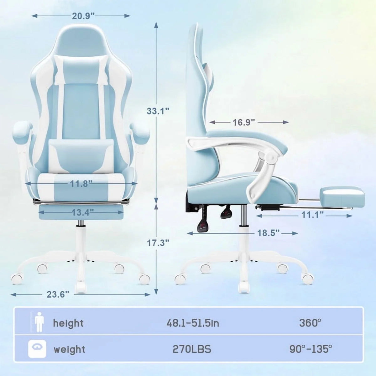 Lacoo PU Leather Gaming Chair Massage Ergonomic Gamer Chair Height Adjustable Computer Chair with Footrest & Lumbar Support, White