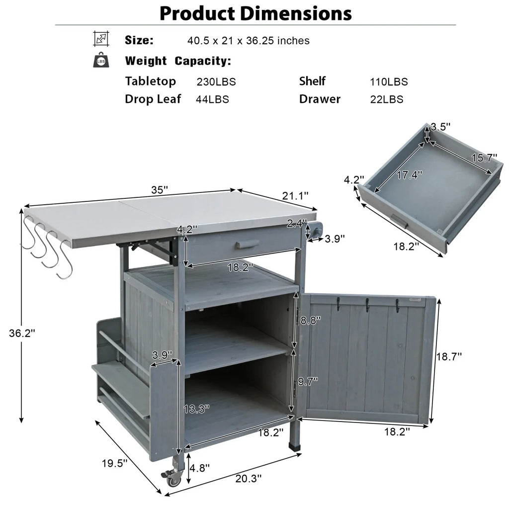 Solid Wood Outdoor Kitchen Island with Drop Leaf, Grill Table with Stainless Steel Table Top, Outdoor Bar Cart & Storage Cabinet with Lockable Wheels, Drawer, Spice Rack, Blue Grey