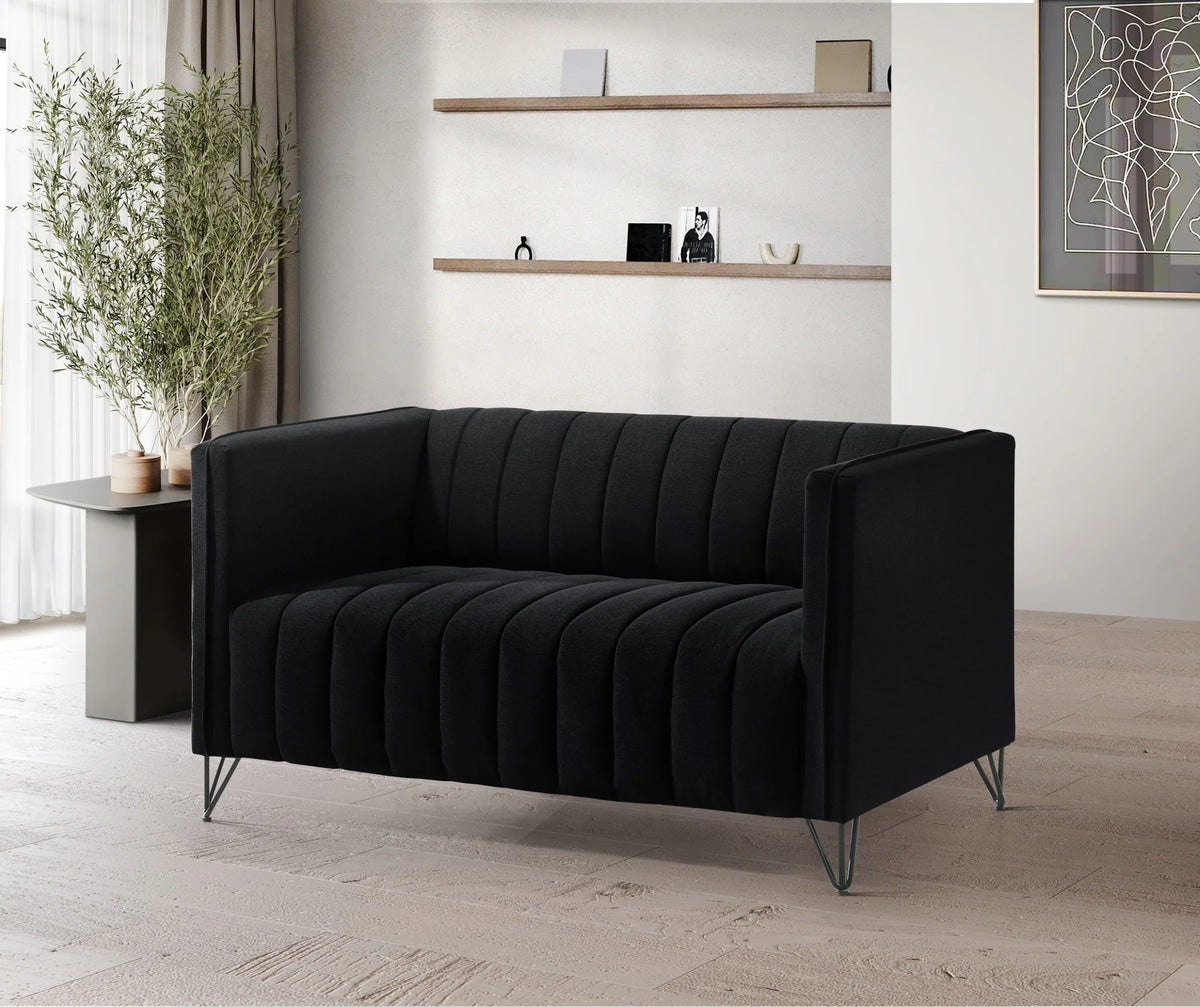 Home Design Kurtis Square Arm Loveseat with Tufted Velvet Upholstery and Gold Metal Legs, Flared Arms, Modern Living Room Seating, Black