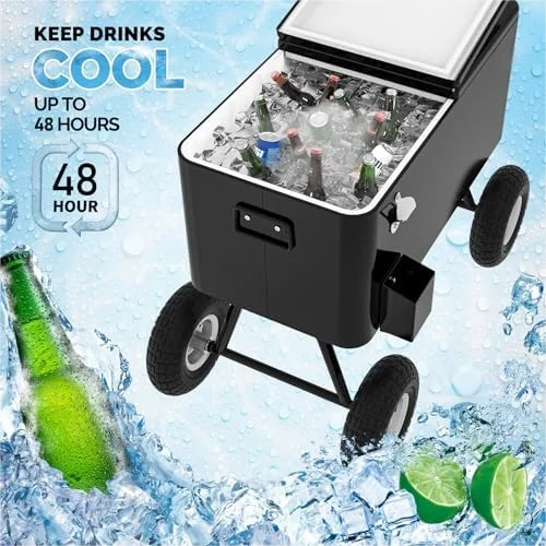 80 Quart Wagon Rolling Cooler Ice Chest, /Long Handle and 10" Wheels, Portable Beach Patio Party Bar Cold Drink Beverage, Outdoor Park Cart on Wheels