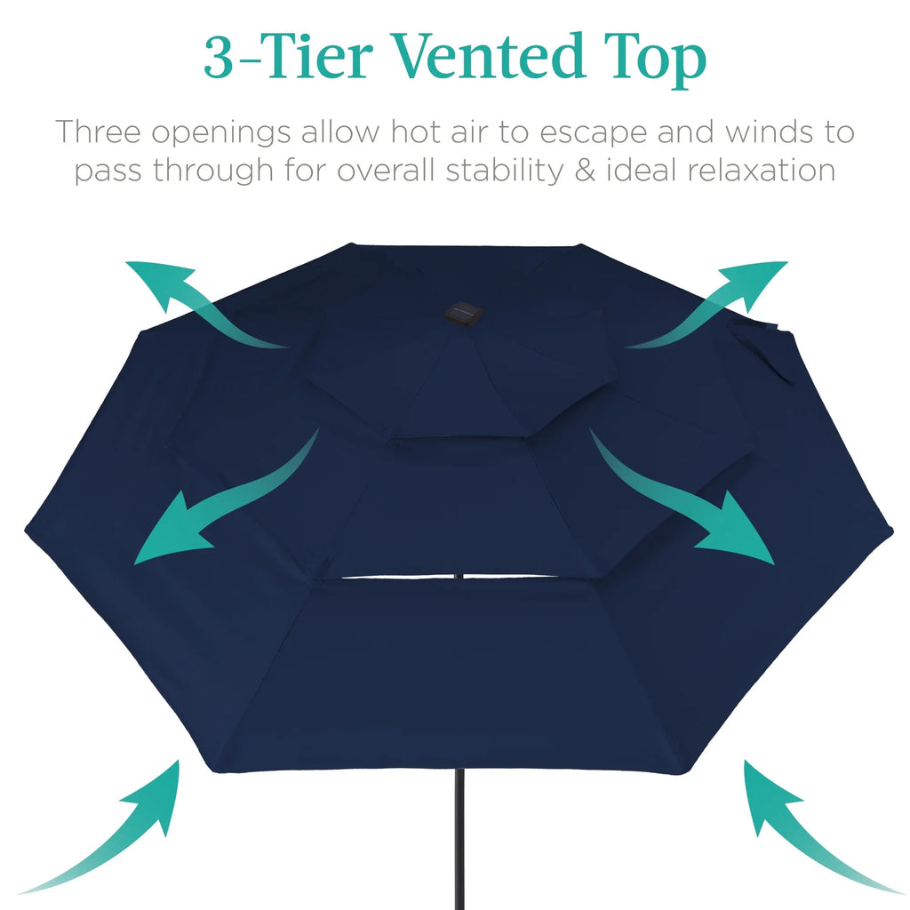 Best Choice Products 10ft 3-Tier Solar Patio Umbrella w/ 24 LED Lights, Tilt Adjustment, Easy Crank - Tan