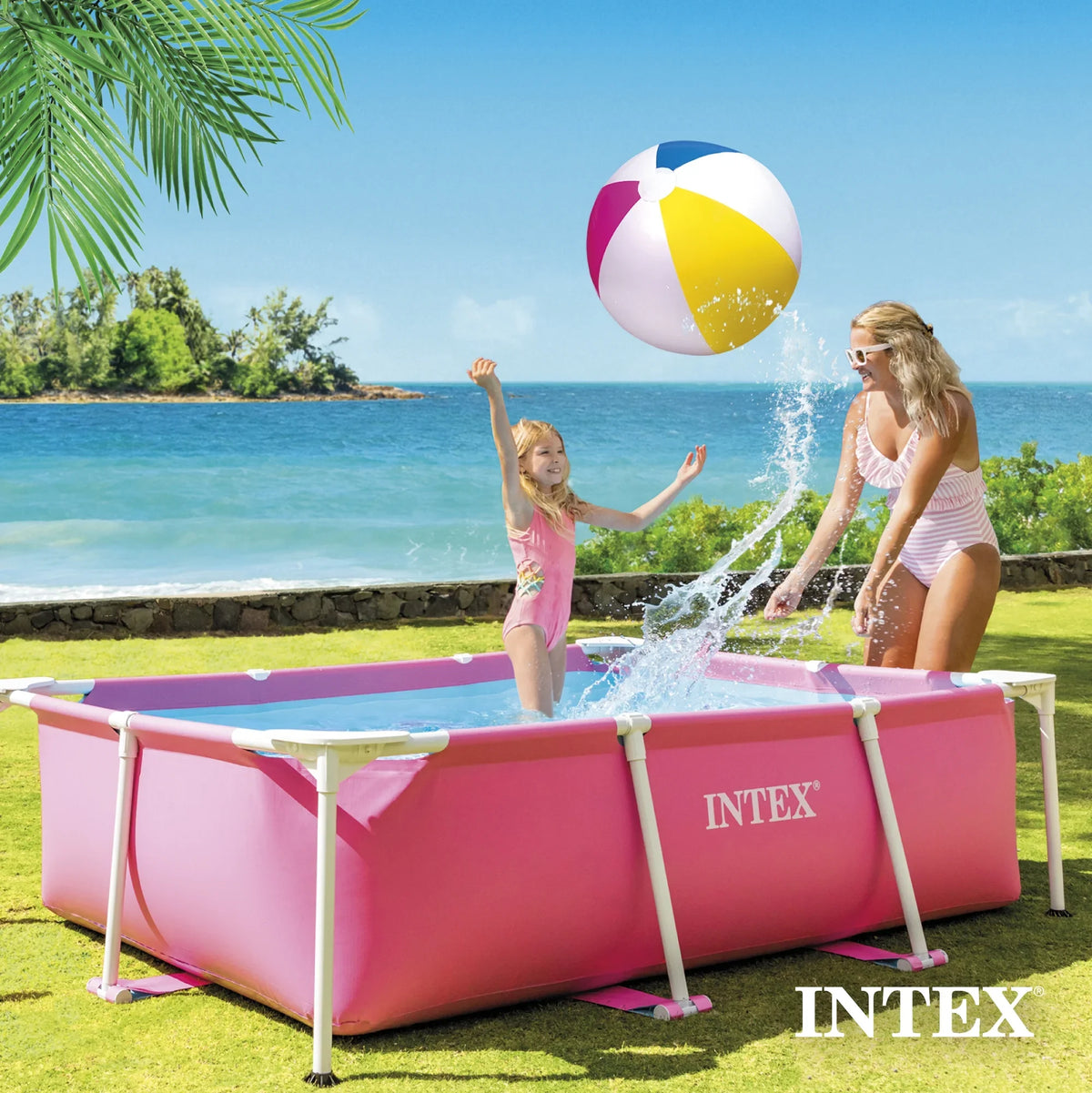 Open Box INTEX Rectangular Metal Frame 7ft x 23in Above Ground Swimming Pool, Pink