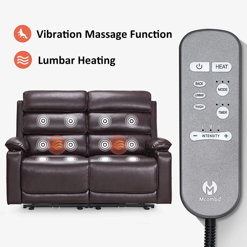 MCombo 63.4" Power Loveseat Recliner Sofa with Adjustable Headrest, Heat and Massage for Living Room, Faux Leather(Light Grey)