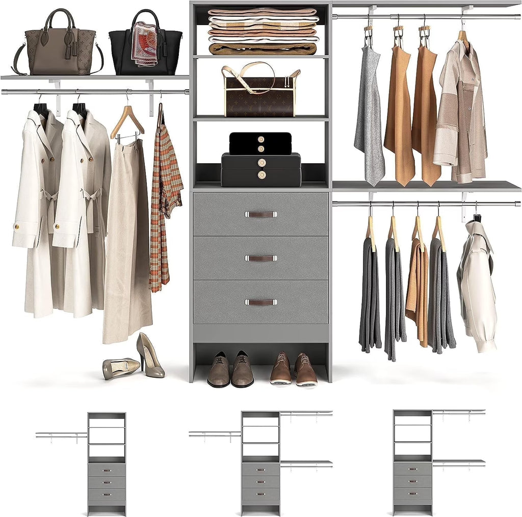 Homieasy 96 Inches Closet System, 8FT Walk In Closet Organizer with 3 Shelving Towers, Heavy Duty Clothes Rack with 3 Drawers, Built-In Garment Rack, 96" L x 16" W x 75" H, White