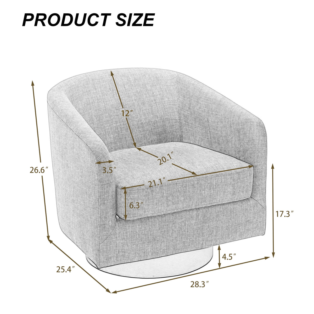 UIXE Swivel Accent Chair, Upholstered Fabric Barrel Chair for Living Room, Small Single Sofa Bedroom Reading Seat, Light Gray