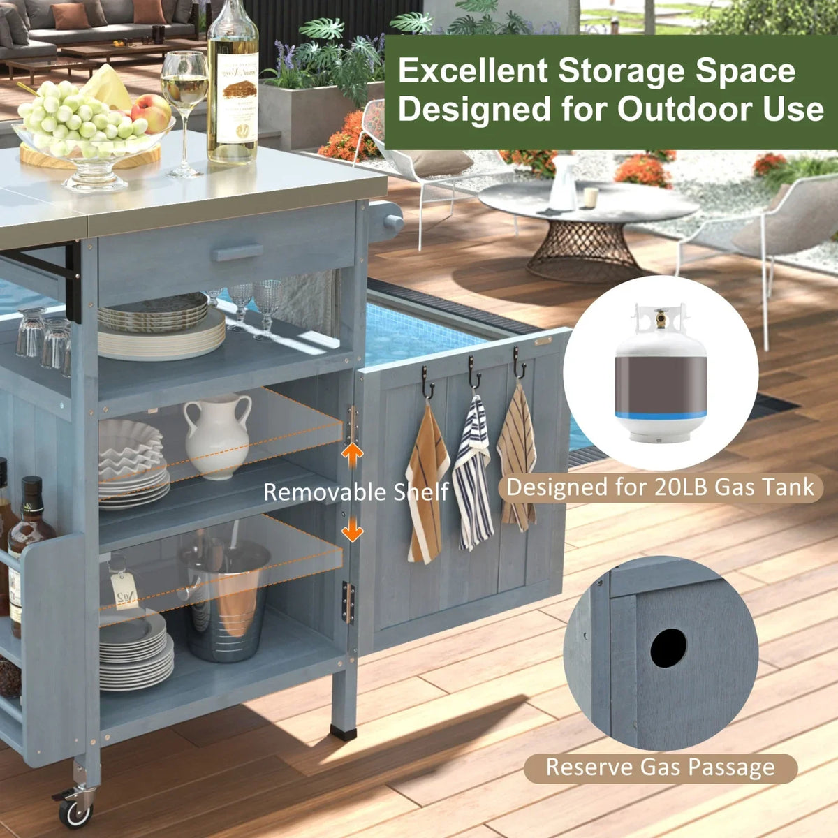 Solid Wood Outdoor Kitchen Island with Drop Leaf, Grill Table with Stainless Steel Table Top, Outdoor Bar Cart & Storage Cabinet with Lockable Wheels, Drawer, Spice Rack, Blue Grey