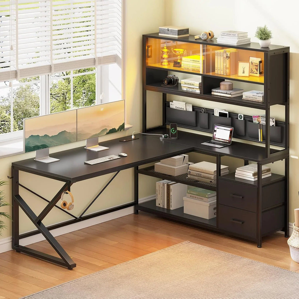 L Shaped Computer Desk with 2 Drawer and Bookshelf, L Shaped Gaming Desk with LED Light, Black