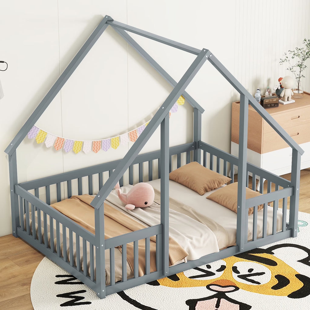 Bellemave Twin Size Floor Bed Frame, Wooden House Bed Twin Size with Fence, Montessori Bed with Guardrails for Bedroom (White)