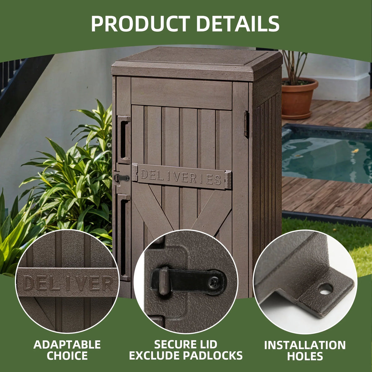 Uforic 60-Gallon Large Outdoor Package Delivery Storage Box, Double-Wall Resin Waterproof Deck Box for Porch or Curbside, Lockable, Brown
