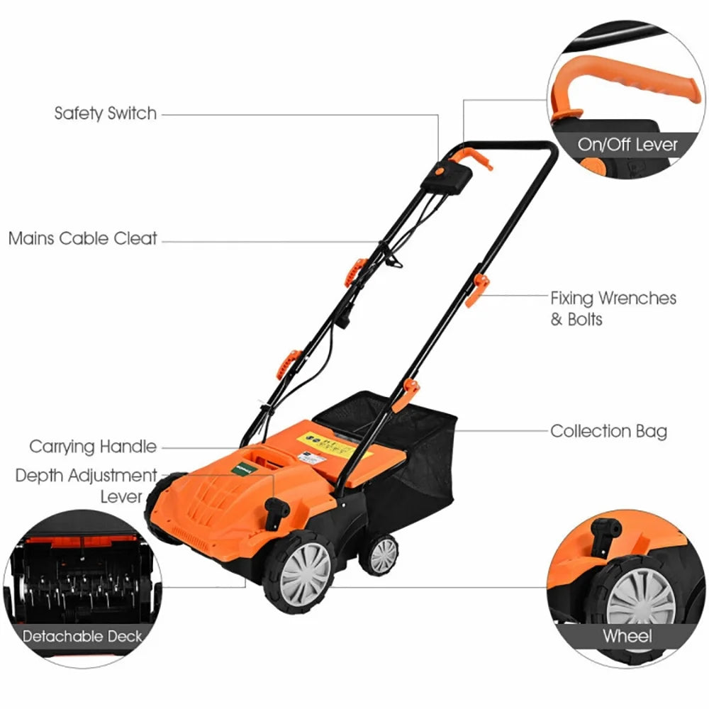GVN 13 Inch 12 Amp Electric Scarifier with Collection Bag and Removable Blades-Orange