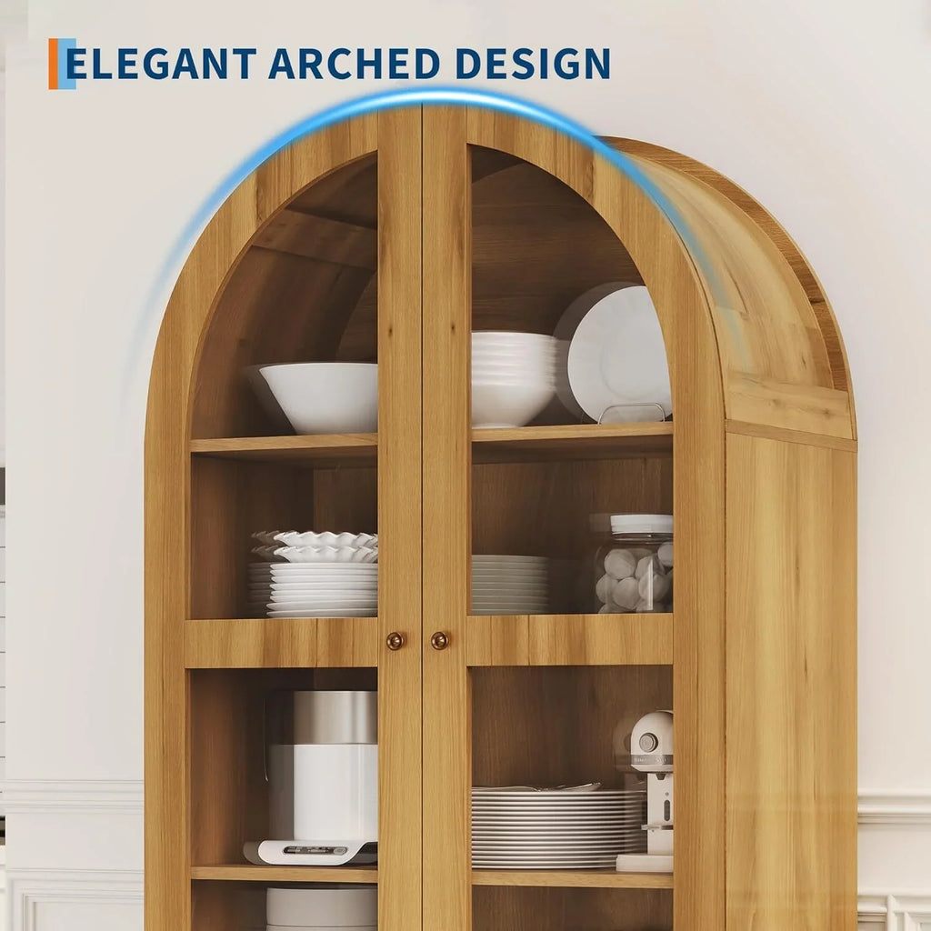 Garvee 71" Tall Arched Storage Cabinet with Acrylic Doors, Modern Wooden Pantry Cabinet with 2 Drawers & Adjustable Shelves, Versatile Kitchen Cupboard, Living Room Storage