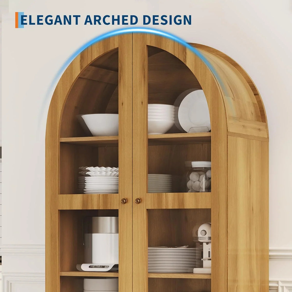 Garvee 71" Tall Arched Storage Cabinet with Acrylic Doors, Modern Wooden Pantry Cabinet with 2 Drawers & Adjustable Shelves, Versatile Kitchen Cupboard, Living Room Storage