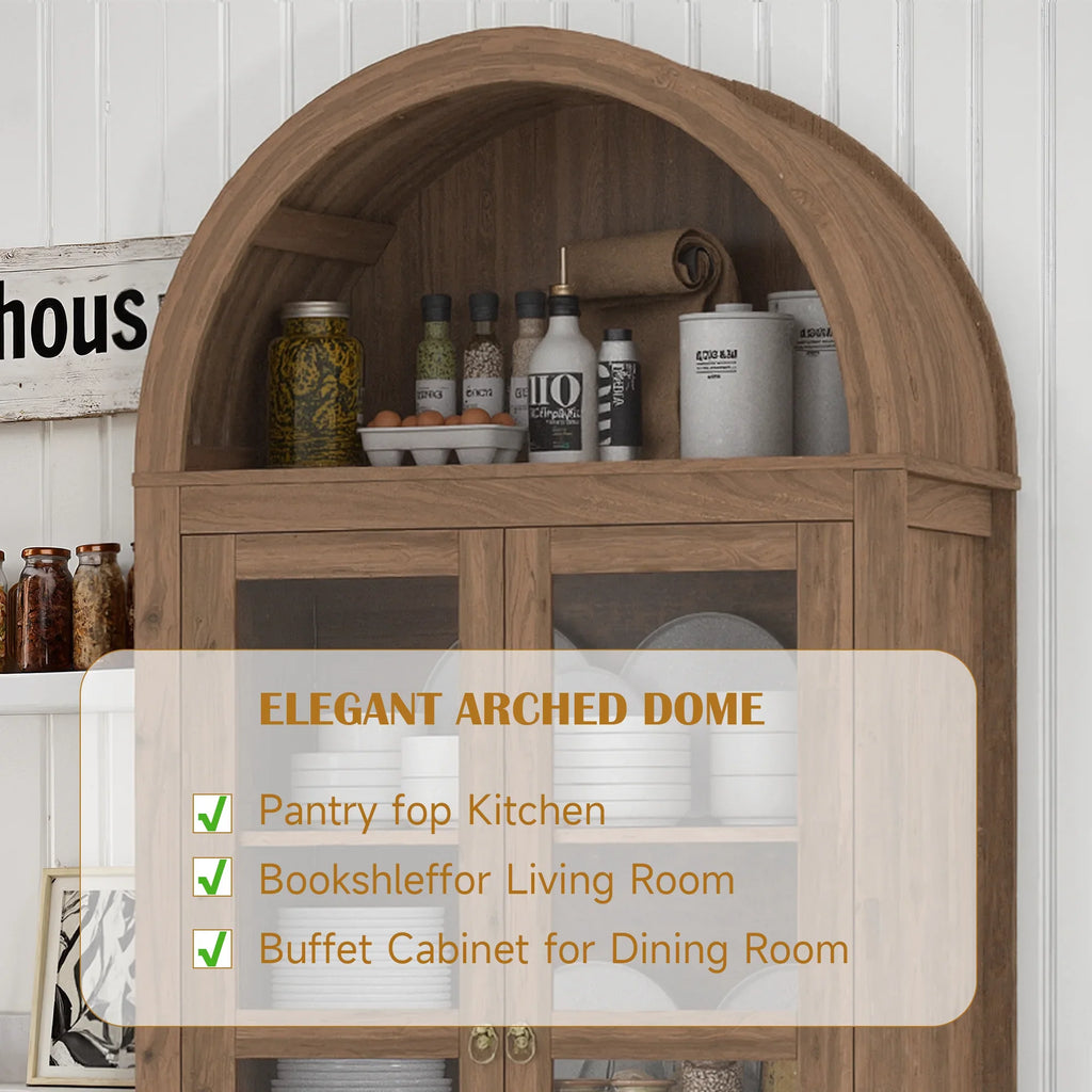 LAZZO 73-Inch Tall Arched Kitchen Pantry Storage Cabinet, 2 Doors, Brown