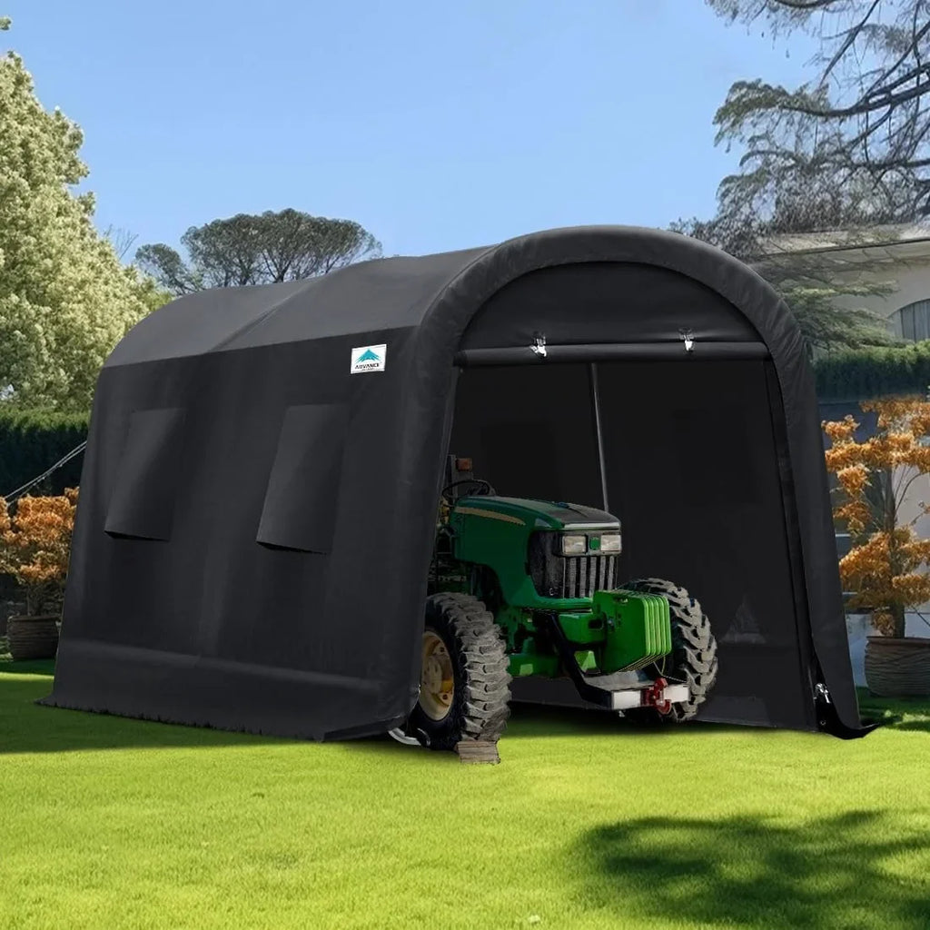 ADVANCE OUTDOOR 10x15 ft Shelter Storage Shed Steel Metal Round Roof Anti-Snow Portable Garage Carport for Motorcycle, Boat, or Garden Tools with 2 Roll up Doors & Vents, Gray