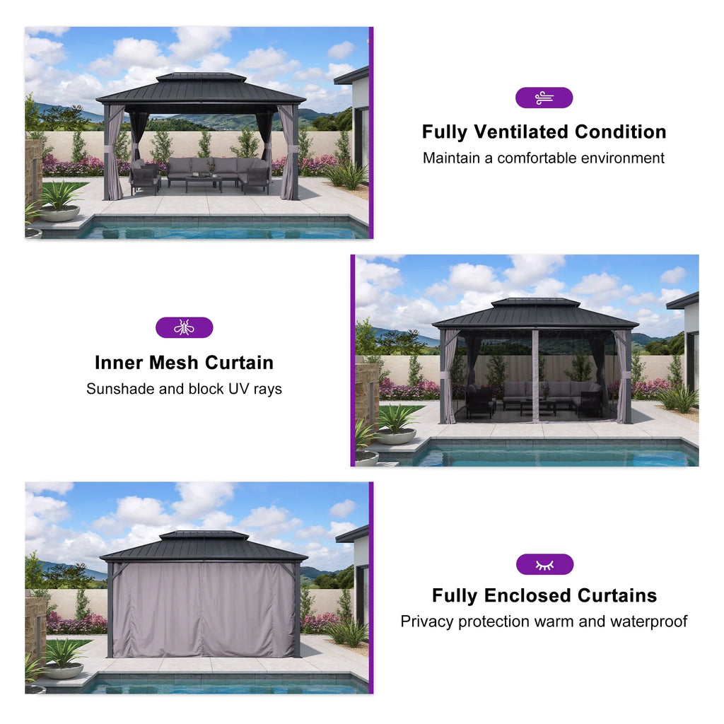 PURPLE LEAF 8' X 8' Gazebo Outdoor Gazebo Permanent Hardtop Gazebo with Galvanized Steel Double Roof for Patio Backyard Deck Aluminum Gazebo with Netting and Curtains Grey