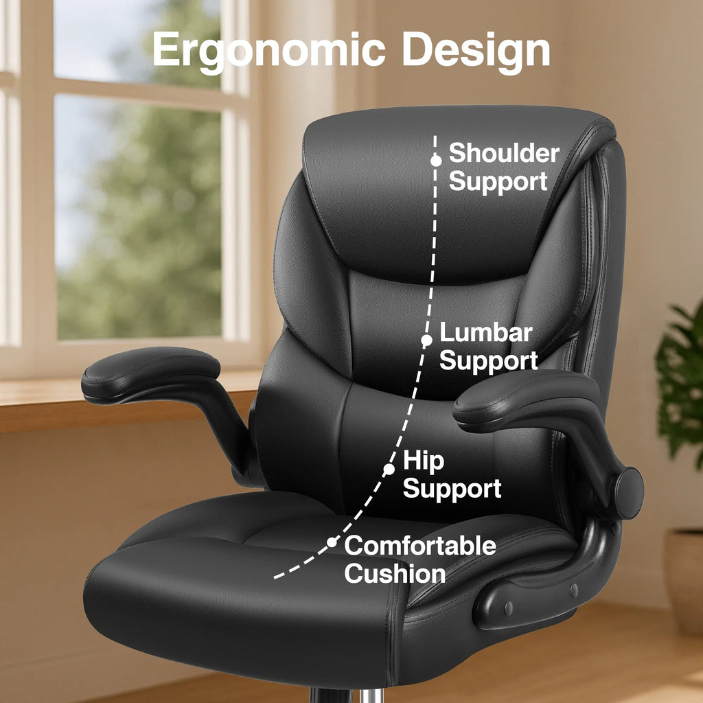 Primy Compact PU Leather Office Chair - Ergonomic Adjustable Height Computer Desk Chair with Flip-Up Armrests, Mid-Back Executive Swivel Chair on Wheels for Small Spaces & Petite Users, Black
