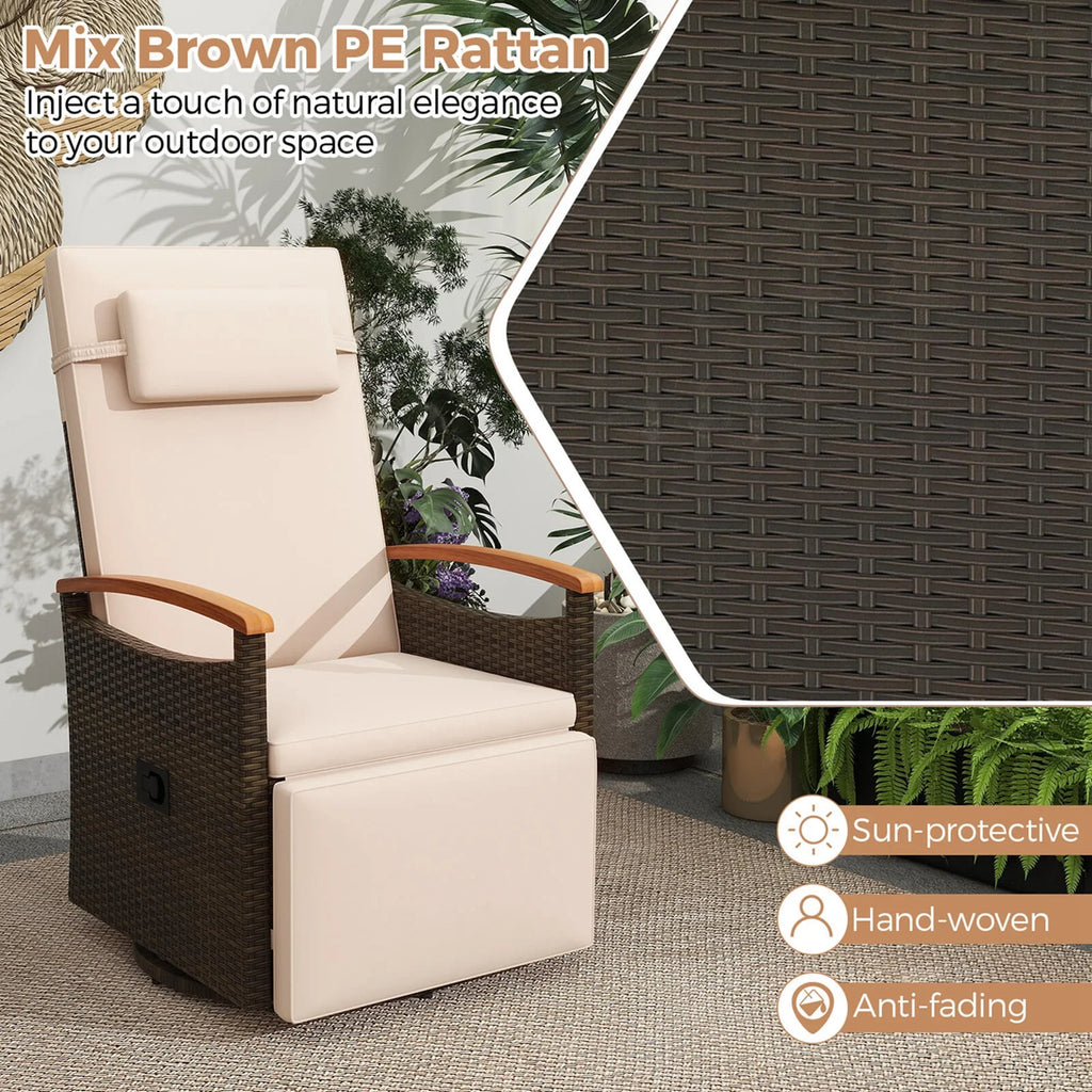 Costway Outdoor 360" Swivel Rattan Recliner Chair Patio Wicker Chaise Lounge Chair Beige