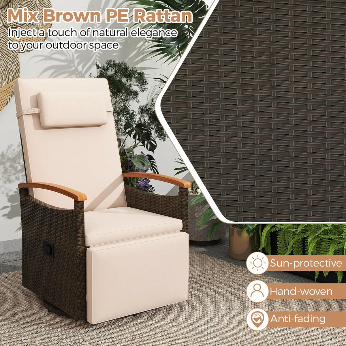 Costway Outdoor 360" Swivel Rattan Recliner Chair Patio Wicker Chaise Lounge Chair Beige