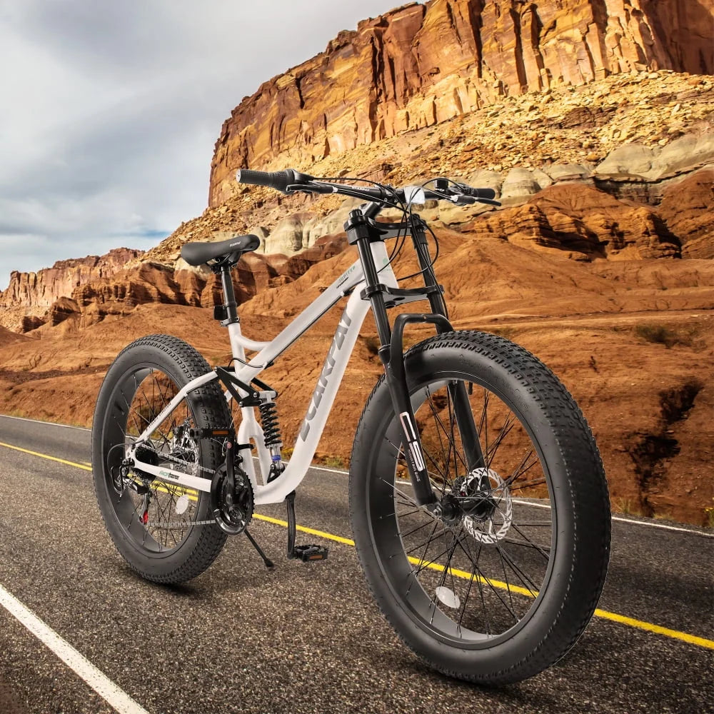 26 inch Mountain Bike for Men, 26*4" Fat Tire Mountain Bicycles,Full-Suspension 21-Speed Drivetrain with Disc Brakes