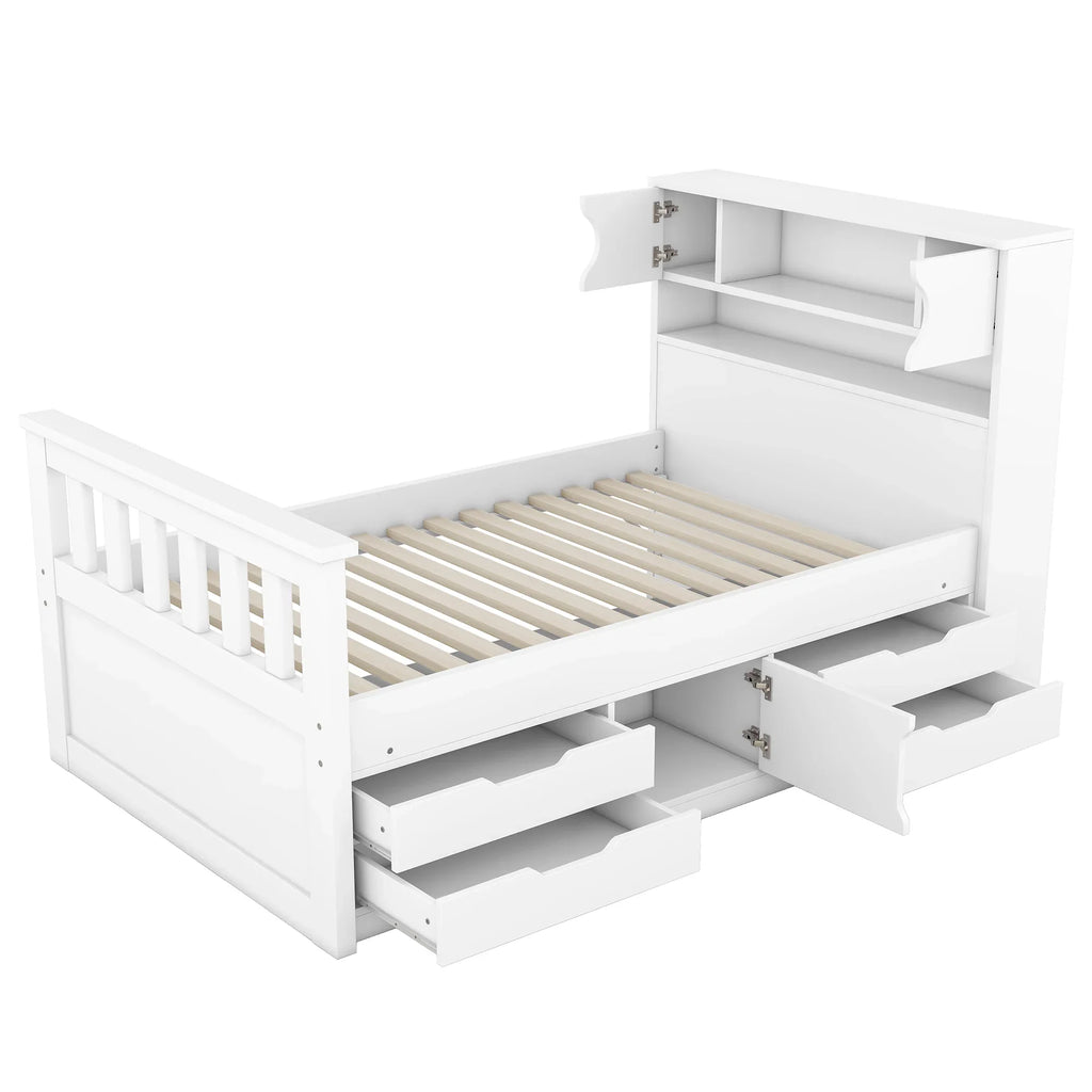 Euroco Wood Twin Size Platform Bed with Storage Headboard, Captain Bed with 4 Drawers, Bookcase and Cabinets, Gray