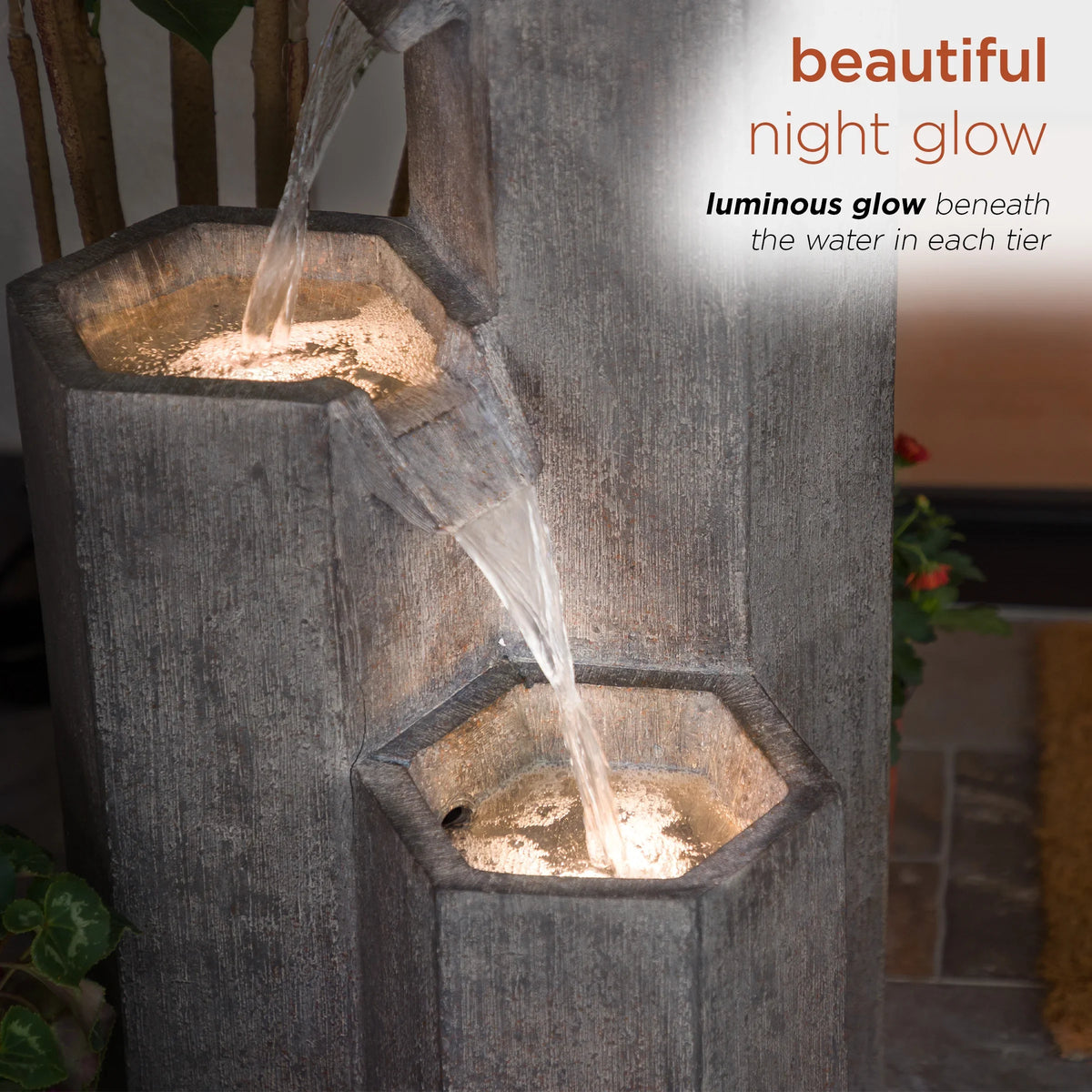 Alpine Corporation 25" Tall Modern 3-Tier Fountain for Indoor / Outdoor Yard Decor with LED Light