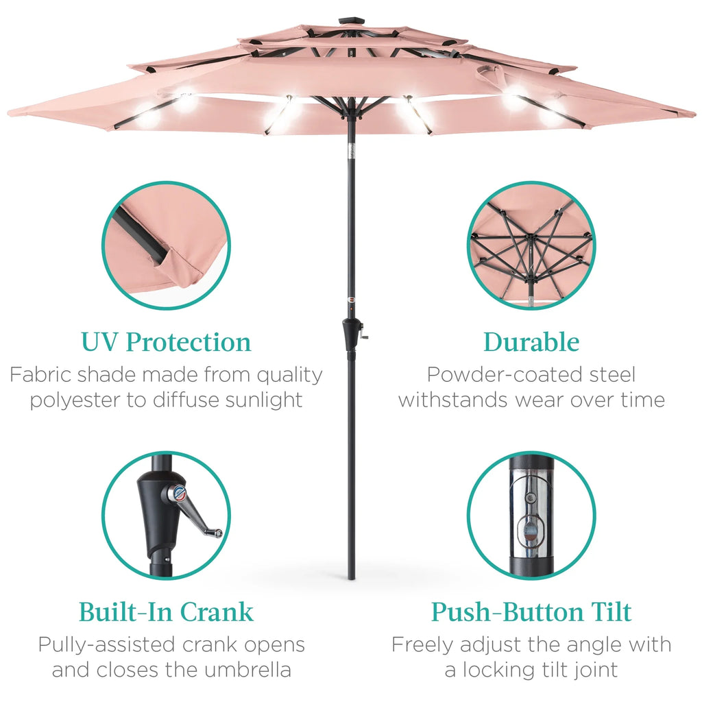 Best Choice Products 10ft 3-Tier Solar Patio Umbrella w/ 24 LED Lights, Tilt Adjustment, Easy Crank - Tan