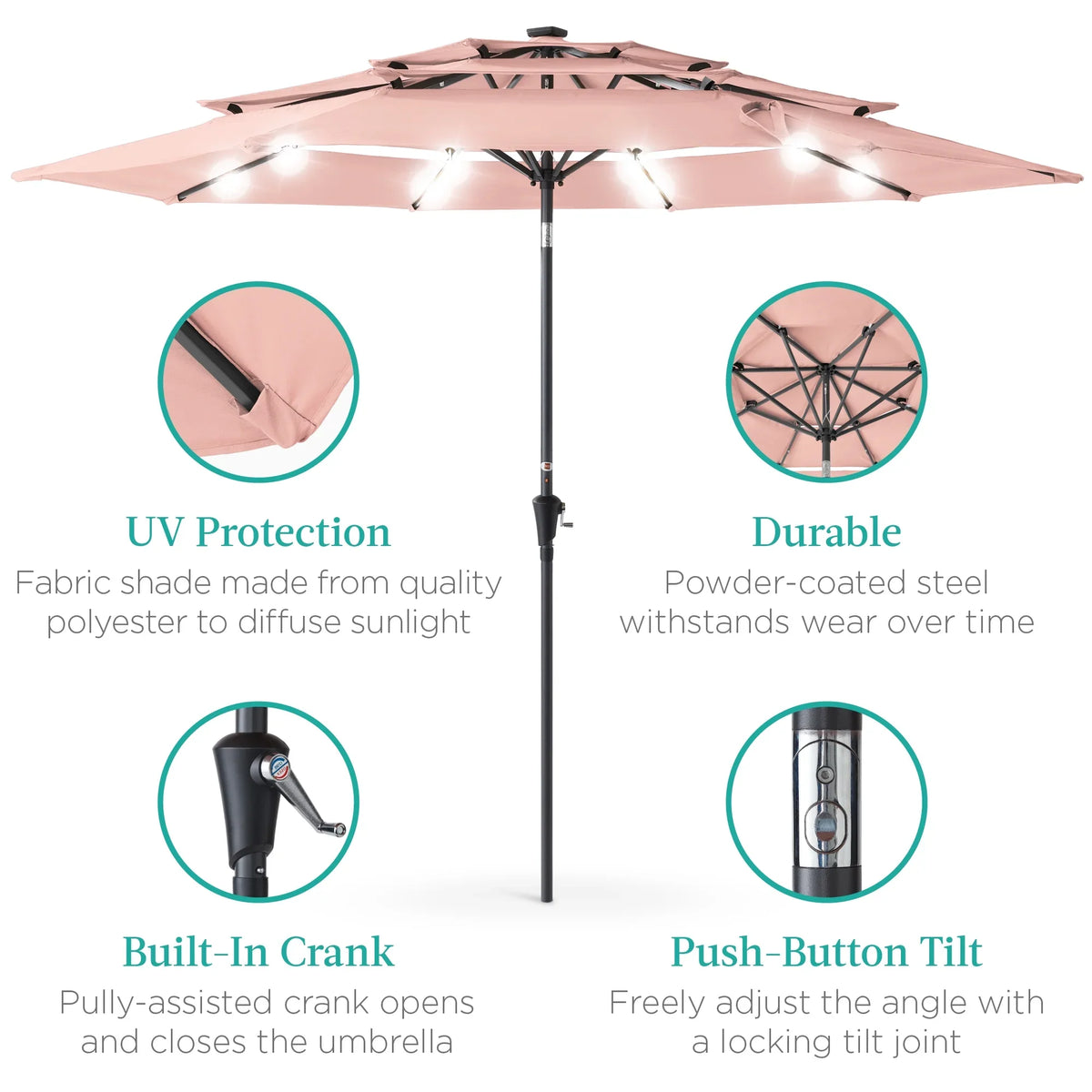 Best Choice Products 10ft 3-Tier Solar Patio Umbrella w/ 24 LED Lights, Tilt Adjustment, Easy Crank - Tan