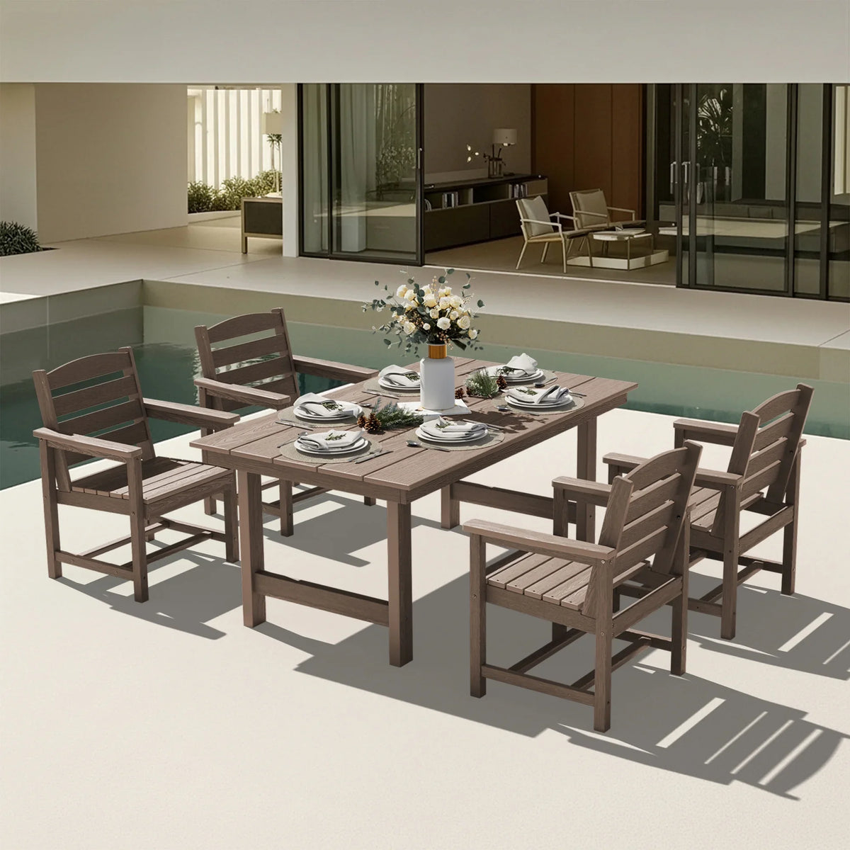 KINGYES 7-Piece Outdoor Dining Set, HDPE Patio Table and Chairs with Umbrella Hole, Gray