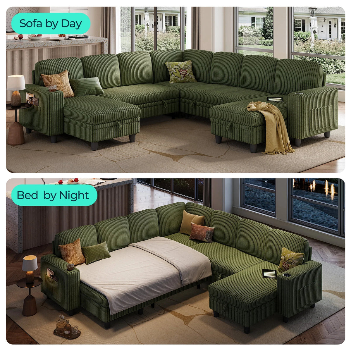 Linsy Home Storage Sectional Sleeper Sofa with Pull Out Bed, 9 Seat Modular Sectional Sofa with with USB & Cup Holder, Plush Corduroy Sectional Couches for Living Room, Green