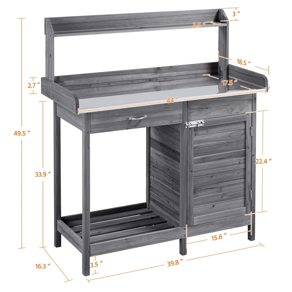 Renwick Outdoor Garden Potting Bench W/Cabinet Drawer Open Shelf, Gray