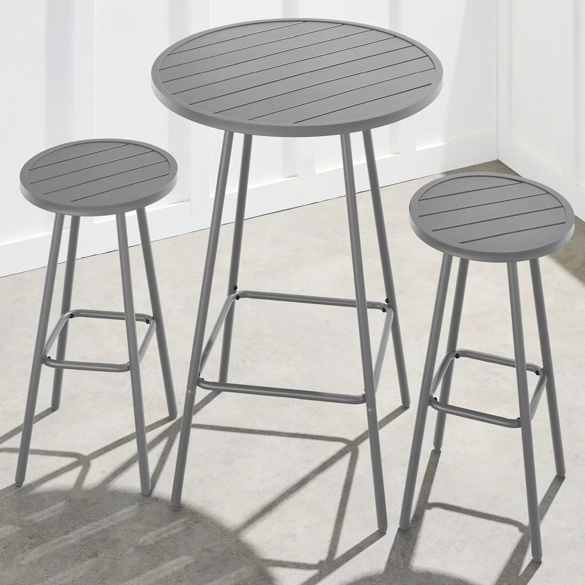 Best Choice Products 3-Piece Steel Patio Bar Height Round Bistro Set w/ Backless Stools, Slatted Design - Black
