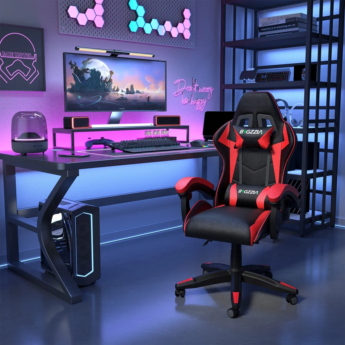 Bigzzia Gaming Chair with Heated Cushion, High Back Video Game Chairs with Pillow and Lumbar Support, Green