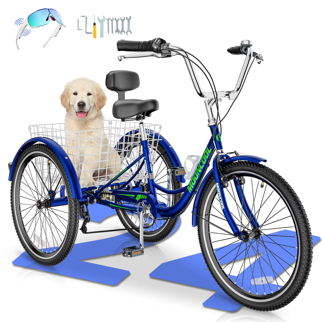MOONCOOL Adult Tricycles with Rear Basket & Inflator, 24 26 inch 7 Speed 3 Wheel Bikes, Three-Wheeled Bicycles Adult Trike with Backrest for Seniors, Women, Men