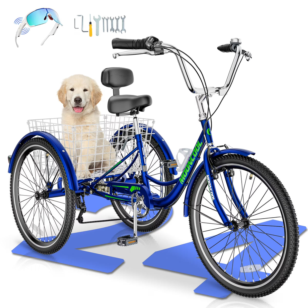 MOONCOOL Adult Tricycles with Rear Basket & Inflator, 24 26 inch 7 Speed 3 Wheel Bikes, Three-Wheeled Bicycles Adult Trike with Backrest for Seniors, Women, Men