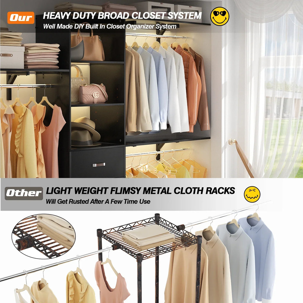 Homieasy 96 Inches Closet System, 8FT Walk In Closet Organizer with 3 Shelving Towers, Heavy Duty Clothes Rack with 3 Drawers, Built-In Garment Rack, 96" L x 16" W x 75" H, White