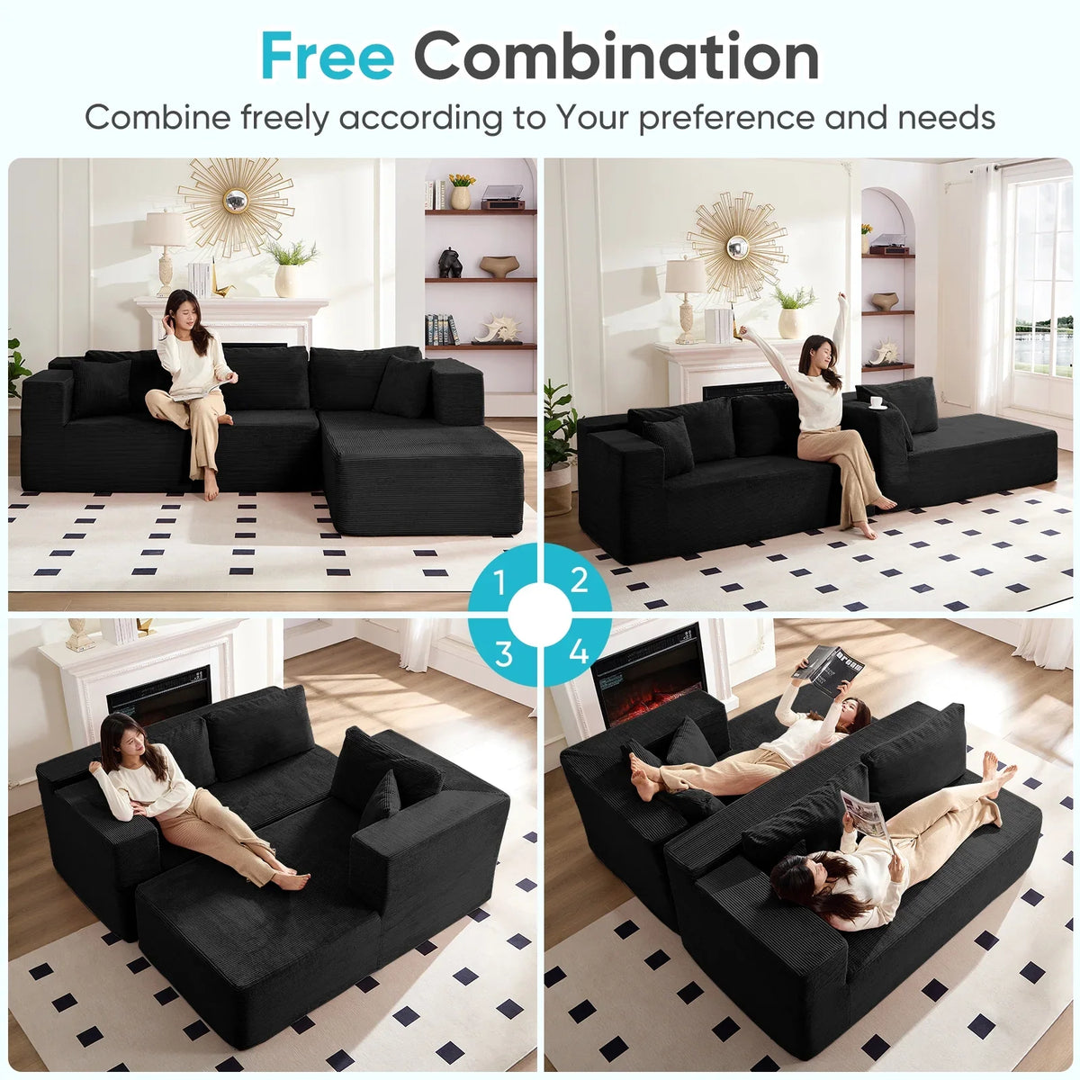 ZAFLY 106" Cloud Sectional Couch with Chaise, No Assembly Required L Shaped Sleeper Sofa, Oversized Deep Seat Modular Couches and Sofas for Living Room - Right, Black
