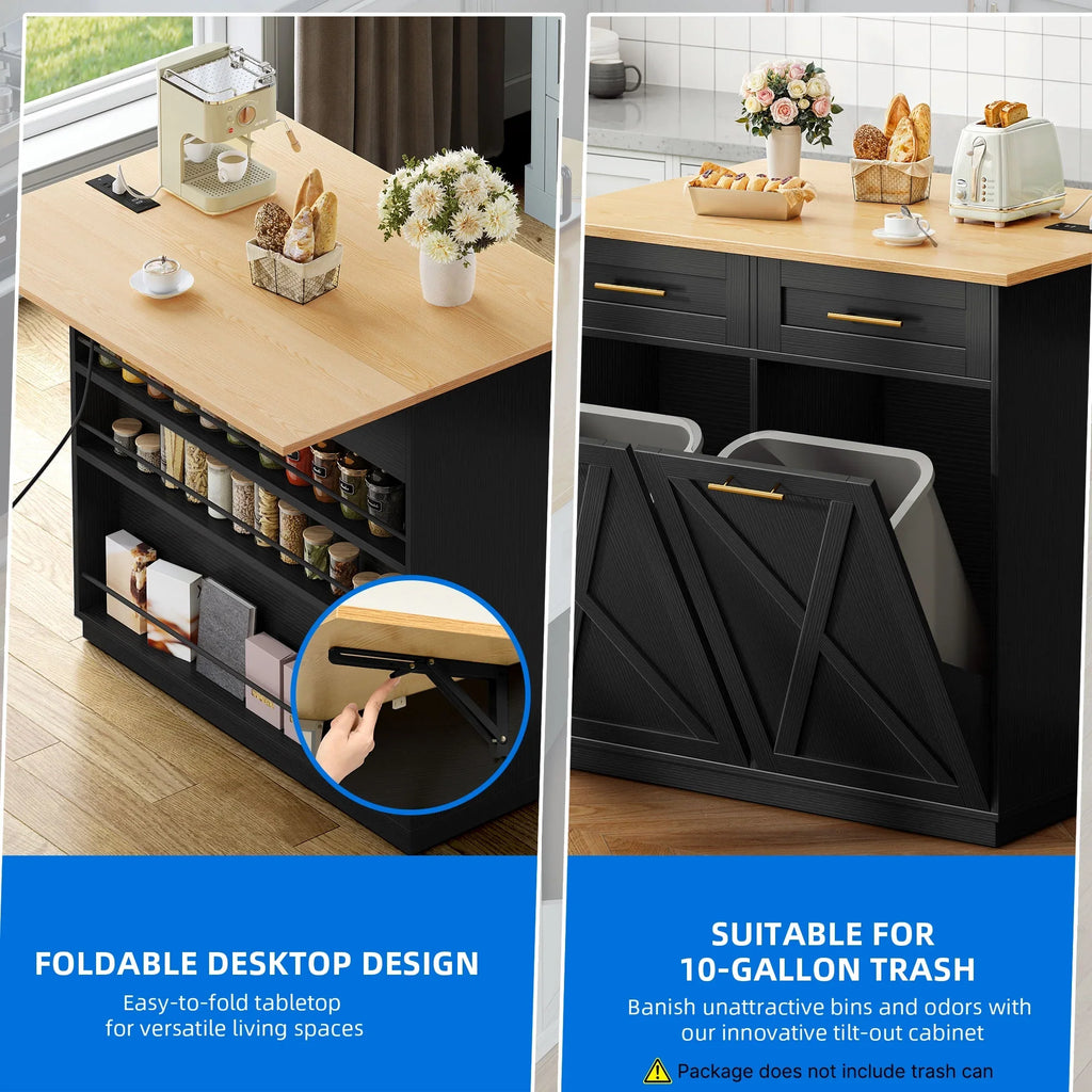 DEXTRUS Kitchen Island Cart with Drop Leaf & Power Outlets, Kitchen Island with 2 Trash Can Cabinets & Storage Shelves, Black