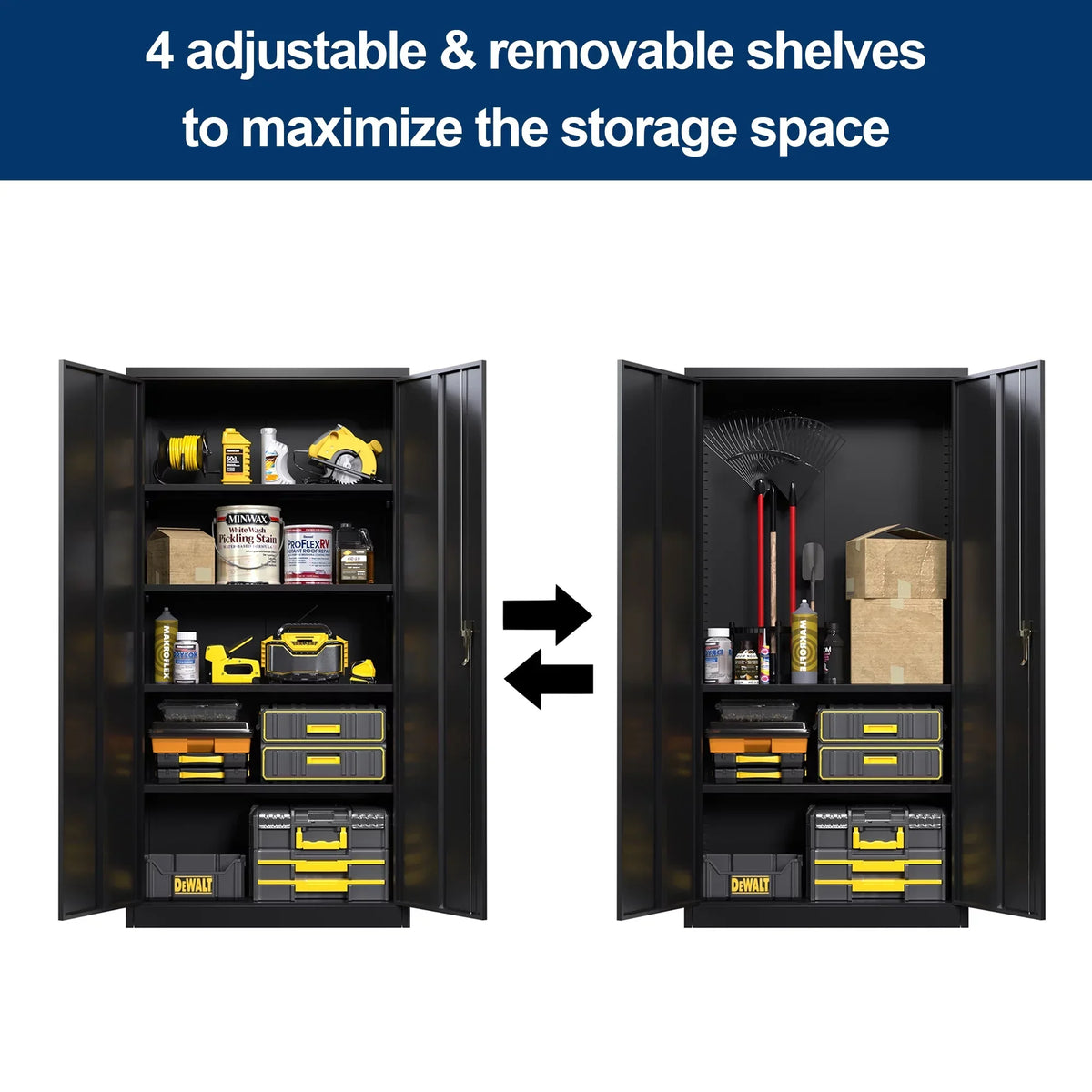 GAEANET 2 Door Metal Storage Cabinet with 5 Adjustable Shelves &Pegboard, 71" H"32" W"16" D Locking Steel Garage Cabinet, for Garage,Office,Home,Gym,School, File Cabinet,Assembly Required, Black