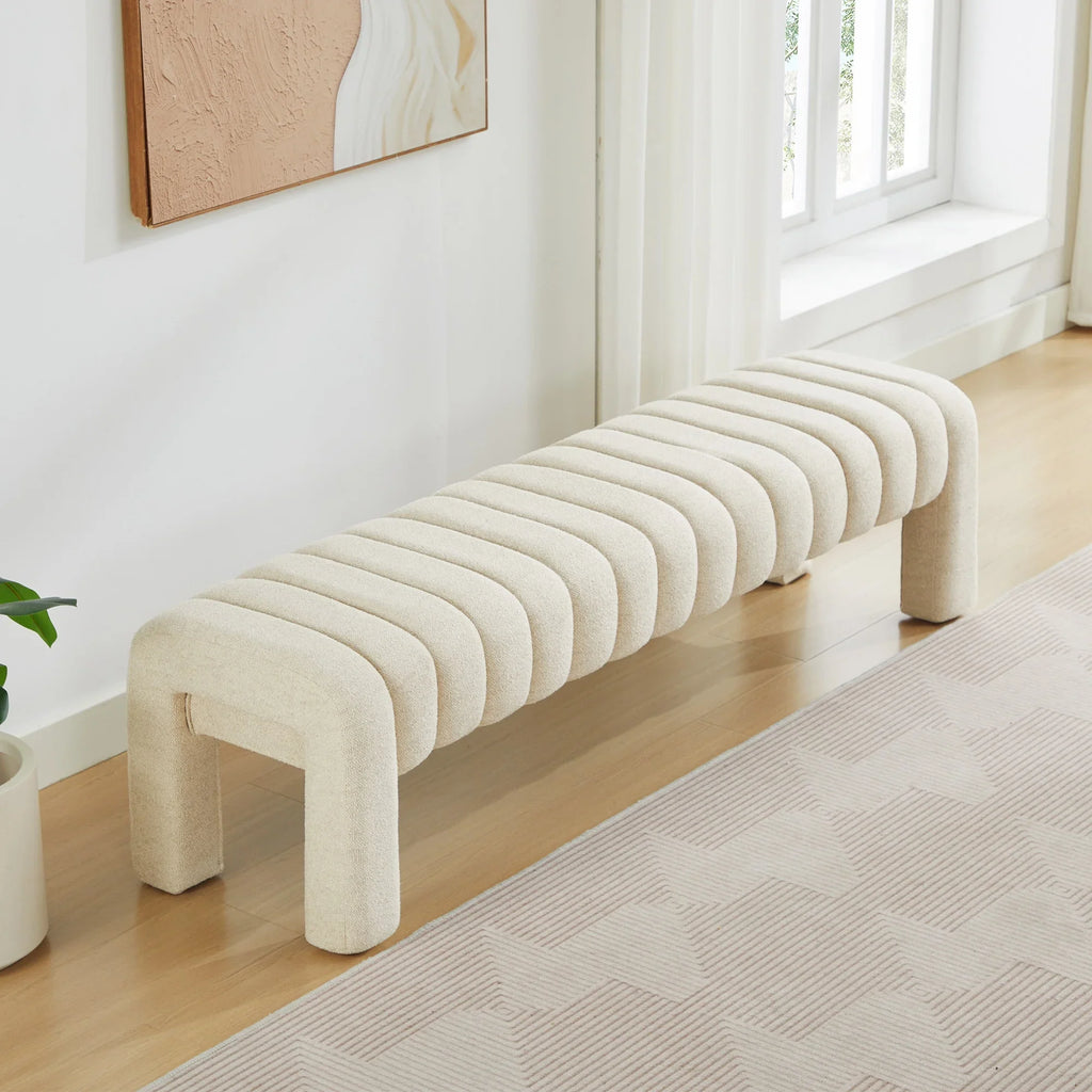 Zesthouse 63" End of Bed Bench, Linen Tufted Upholstered Ottoman Bench with Padded Seat and Solid Wood Leg, Modern Entryway Bench for Bedroom, Living Room, Beige