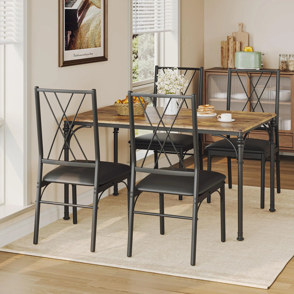 Huisuilinss Dining Table Set For 4,5-Piece Kitchen Table And Chairs Set,Farmhouse Rectangular Dining Room Table Set,Kitchen Table Set With 4 Chairs,Wood Metal Frame Dinette Set For Apartment